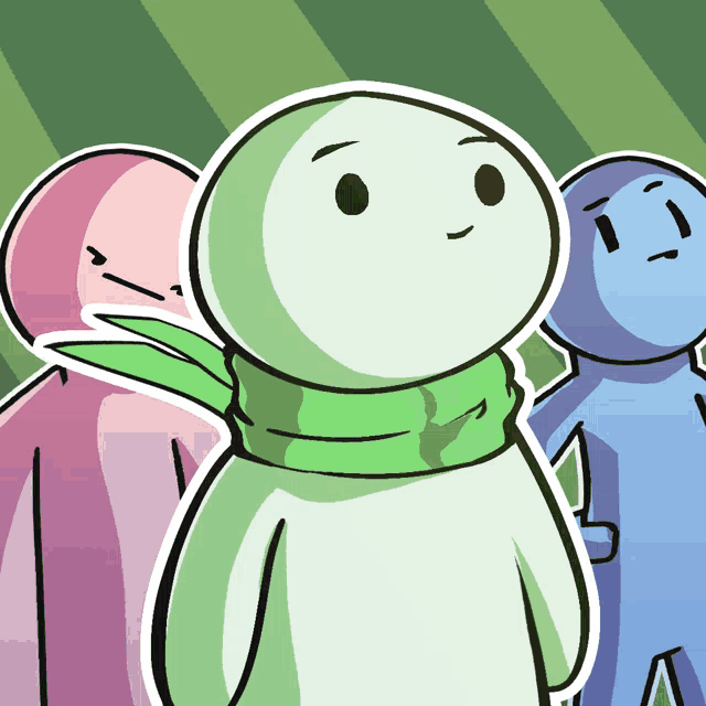 three cartoon characters are standing next to each other and one of them has a green scarf around his neck