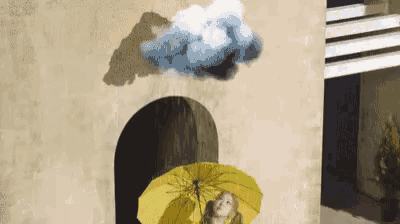 a woman holding a yellow umbrella with a cloud above her
