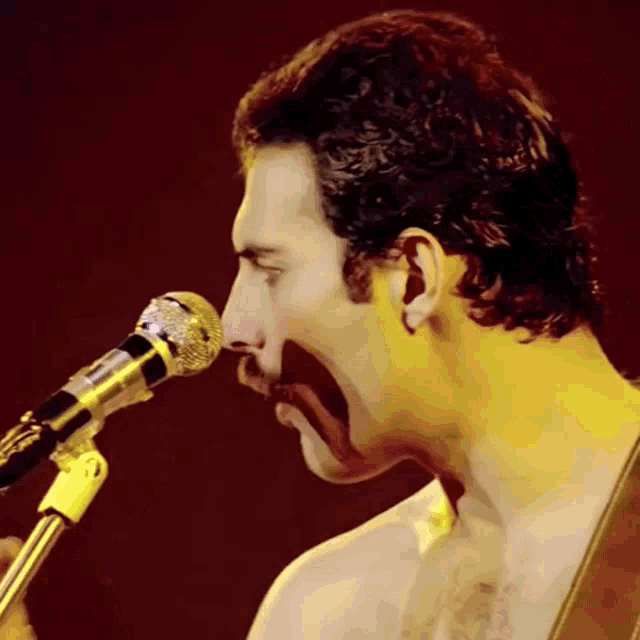 a man with a mustache sings into a microphone