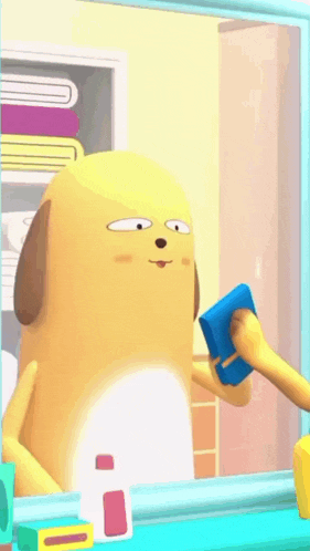 a cartoon dog is cleaning a mirror with a blue sponge