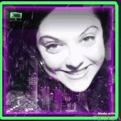 a black and white photo of a woman 's face with a green and purple frame