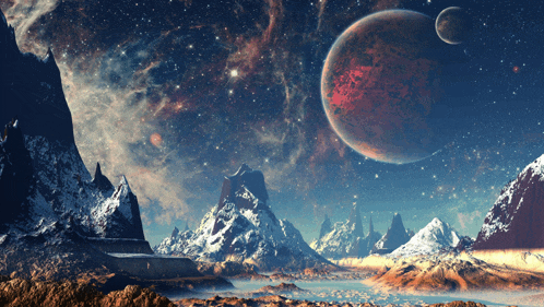 an artist 's impression of a landscape with mountains and planets in the sky