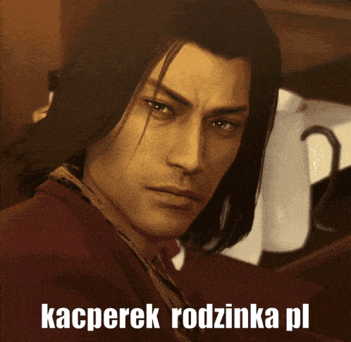 a close up of a man 's face with the words kacperek rodzinka pl written below him