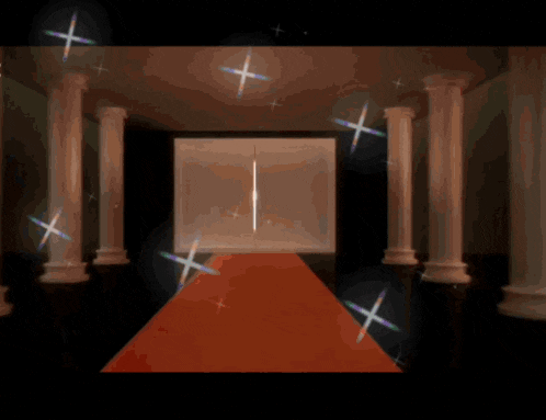 a drawing of a room with columns and a red carpet with a light coming out of it