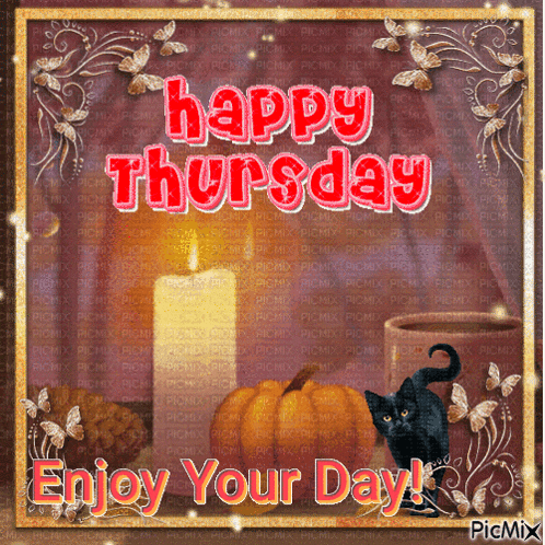 a happy thursday greeting card with a black cat and a candle