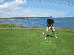 a man is swinging a golf club on a golf course near the ocean