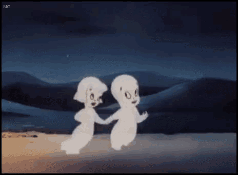 a couple of cartoon ghosts standing next to each other on a beach .