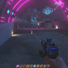 a person holding a gun in a dark room with purple lights behind them