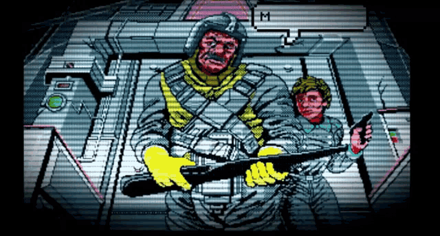 a cartoon of a man holding a gun next to another man with the letter m in the background