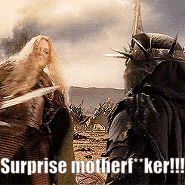 a woman holding a sword stands next to a man with a crown and the words surprise motherf * ker !!