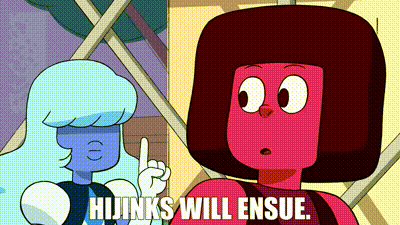 two cartoon characters are standing next to each other and one of them says hi jinks will ensue .