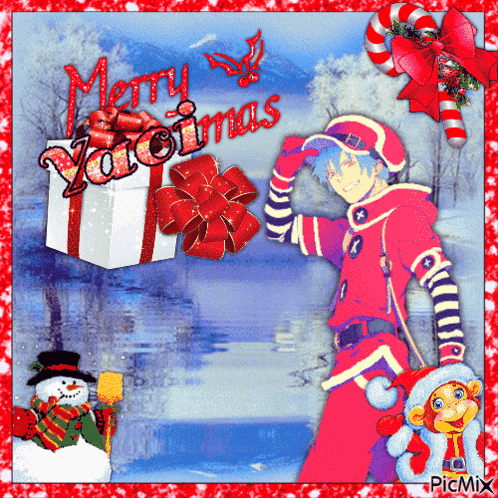 a merry christmas card with a snowman and a gift box