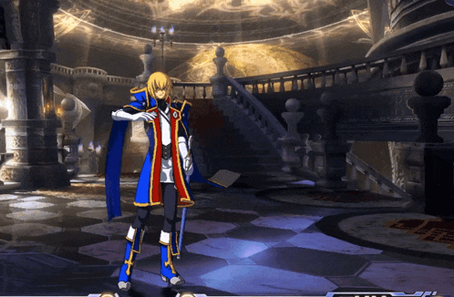 a man in a blue and red coat is standing in a dark room