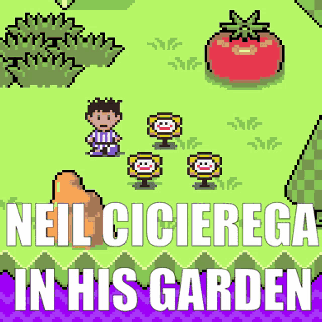 a pixel art advertisement for neil cicierega in his garden