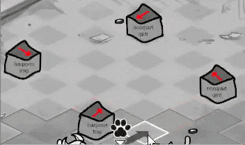 a black and white drawing of a maze with boxes that say harpoon trap on them