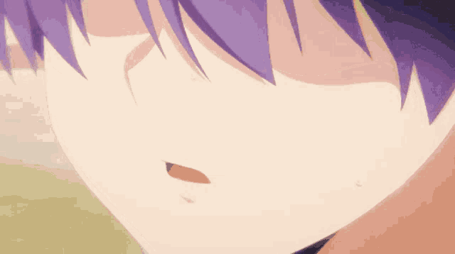 a close up of a purple haired anime character 's face