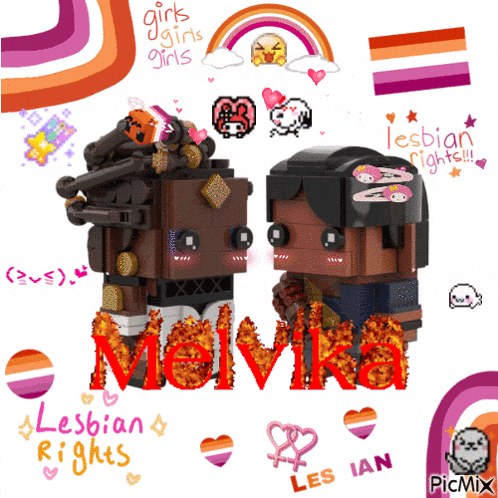 a picture of two lego characters with the words lesbian rights written on it