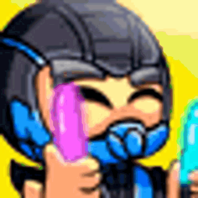 a pixel art illustration of a person wearing a helmet and a mask holding a cell phone .