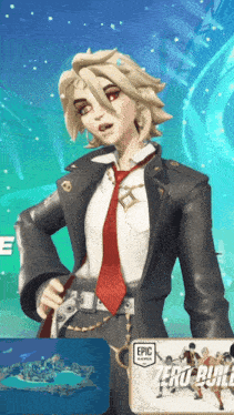 a woman in a suit and tie is next to a card that says epic games