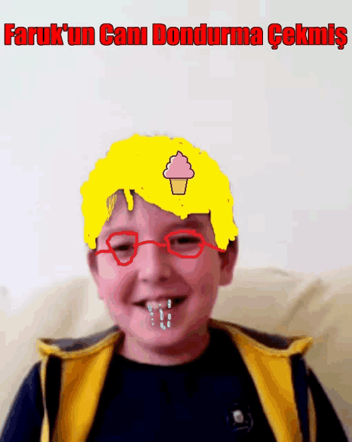 a boy with a cupcake on his head and the words faruk 'un cani dondurma cekmis above him