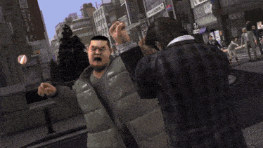 a man in a plaid jacket holds another man 's hand in a video game scene