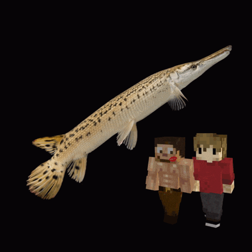 two minecraft characters are standing next to a large fish with the words " garers " above it