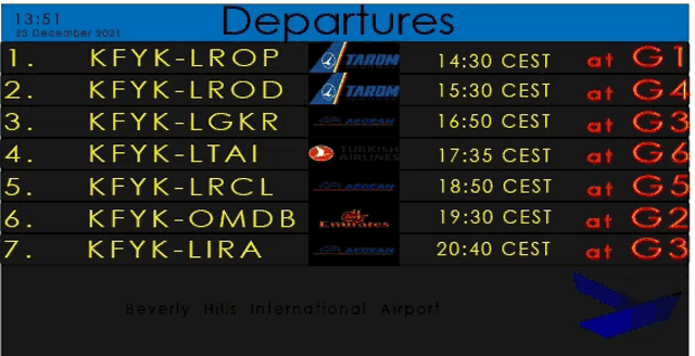 a departures board at beverly hills international airport on december 23