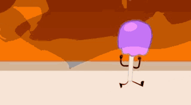 a cartoon drawing of a purple lollipop with arms and legs standing on a stick .