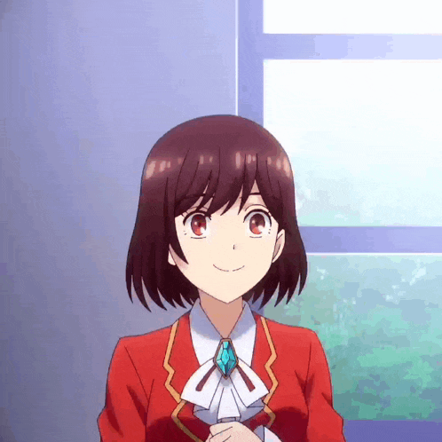 a girl in a red suit with a blue tie