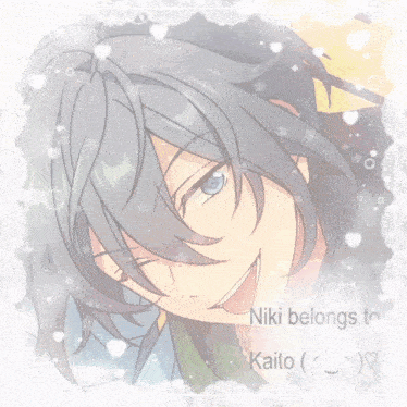 a picture of a boy with blue hair and the words " niki belongs to kaito " on the bottom