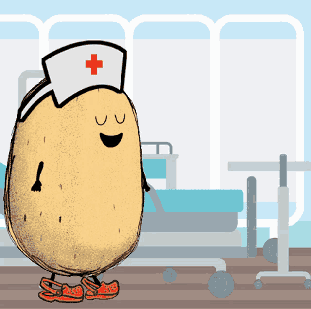 a potato wearing a nurse 's hat and clogs