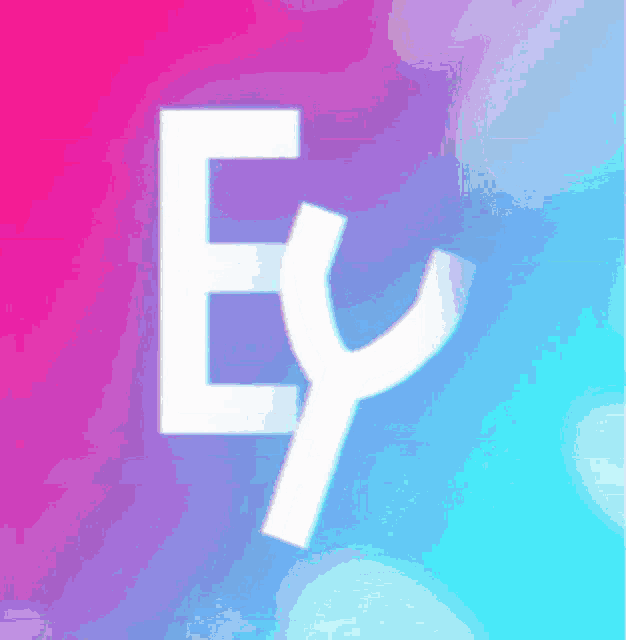 a pink and blue background with a white letter ey on it