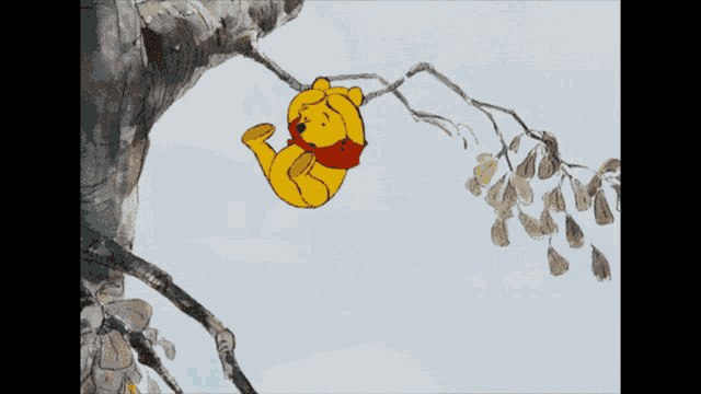 a cartoon of winnie the pooh is sitting on a tree branch