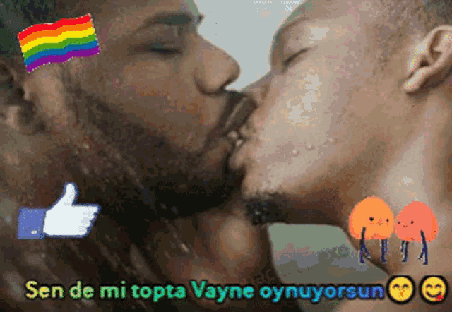 a picture of two men kissing with the caption sen de mi topta vayne oyunuorsun