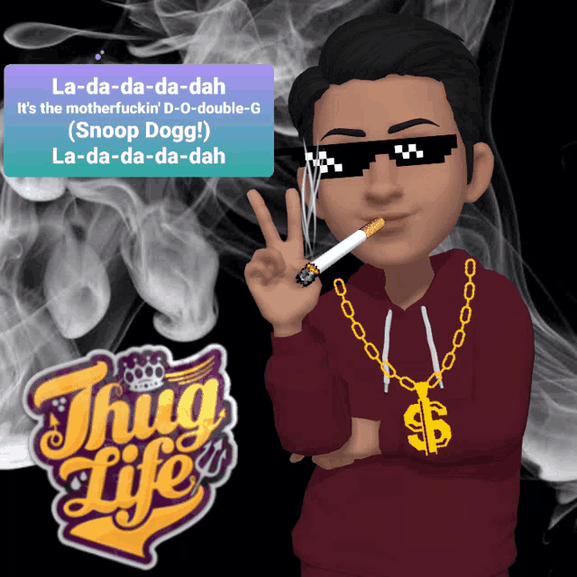 a cartoon of a man smoking a cigarette with the words thug life behind him