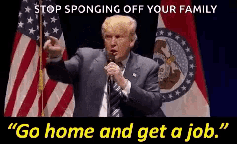 donald trump is giving a speech in front of an american flag while holding a microphone .