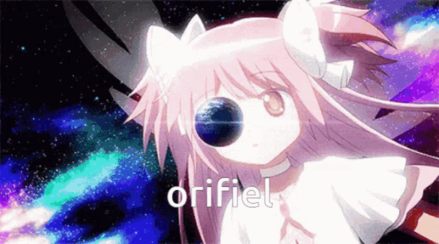 a girl with a globe in her eye and the word orifiel on the bottom right