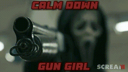 a girl is pointing a gun with the words calm down gun girl scream