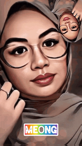 a woman wearing glasses and a hijab has the word meong on the bottom