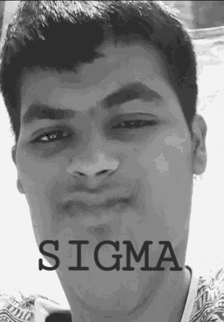 a black and white photo of a young man with the word sigma on the bottom right
