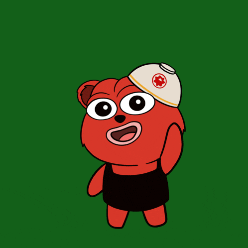 a red teddy bear wearing a white hat with a red flower on it