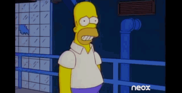 a cartoon of homer simpson standing in front of a blue pipe and a sign that says neox