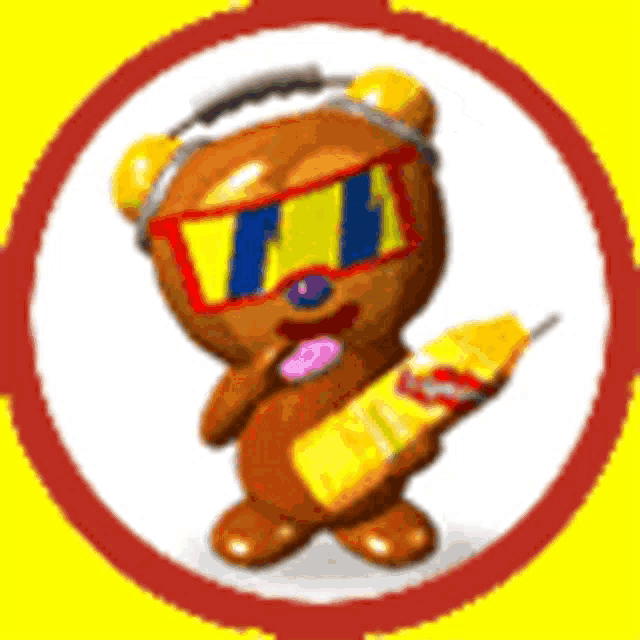 a teddy bear wearing sunglasses is holding a bottle