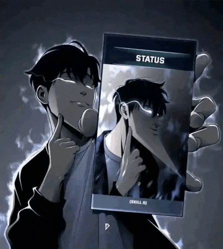a man is holding a phone that says status