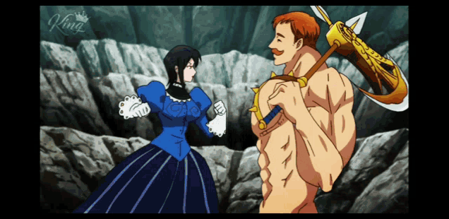 a man and a woman are standing next to each other and the man is holding an axe and the woman is wearing a blue dress