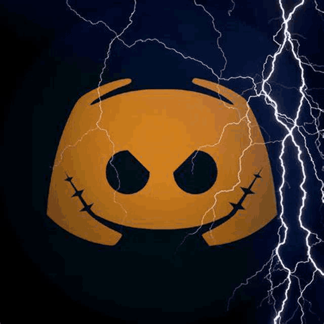 a discord logo with stitches on it and lightning bolts behind it .
