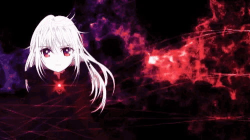 a girl with white hair and red eyes is surrounded by red and purple smoke