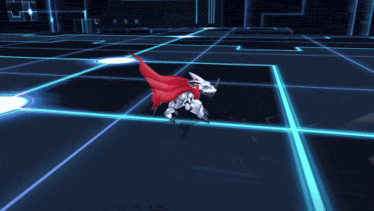 a video game character with a red cape on a blue background