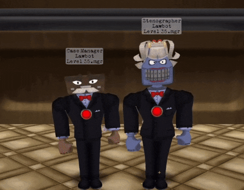 two cartoon characters standing next to each other with a sign above them that says stenographer lawbot level 35.mgr