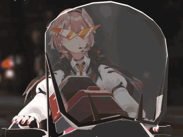 a girl wearing sunglasses and a headset is sitting in a motorcycle